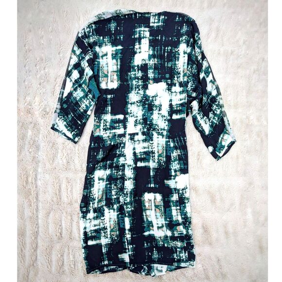 POLECI 100% Silk Abstract Print Surplice Faux Wrap Knee Length Dress, Fits 6/8 - Picture 11 of 12